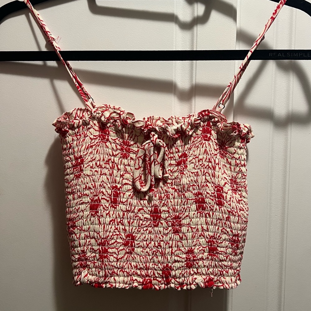 Reformation crop white and red flower top